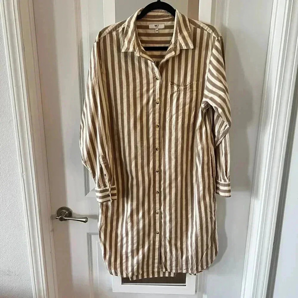 1004 MKT Studios Striped Long Sleeve Midi Dress Size 38 Color Brown Cream - Picture 2 of 6